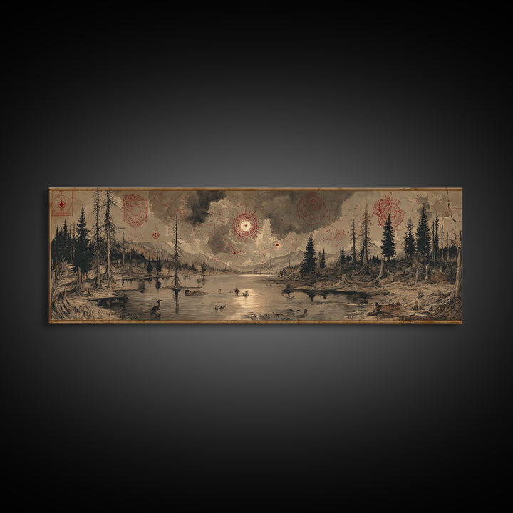 The Mirror Lake Of Lost Constellations, Occult Wall Decor, Extra Wide Wall Art, Framed Canvas Print, Halloween Home Decor, Gothic Wall Art