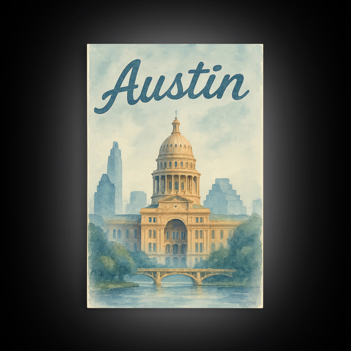 Austin Travel Poster, Canvas Print, Painted Travel Poster Art, Austin City Art, Gift For Travelers, Fine Art Print, City Travel Prints