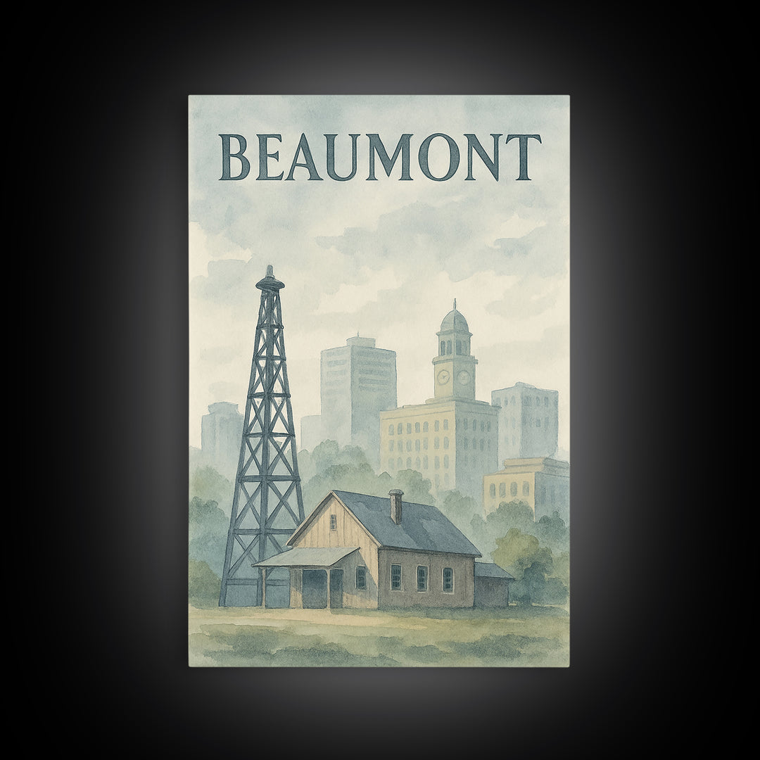 Beaumont Texas Travel Poster, Canvas Print, Painted Travel Poster Art, Beaumont Travel Art, Watercolor Urban Skyline, Living Room Wall Art
