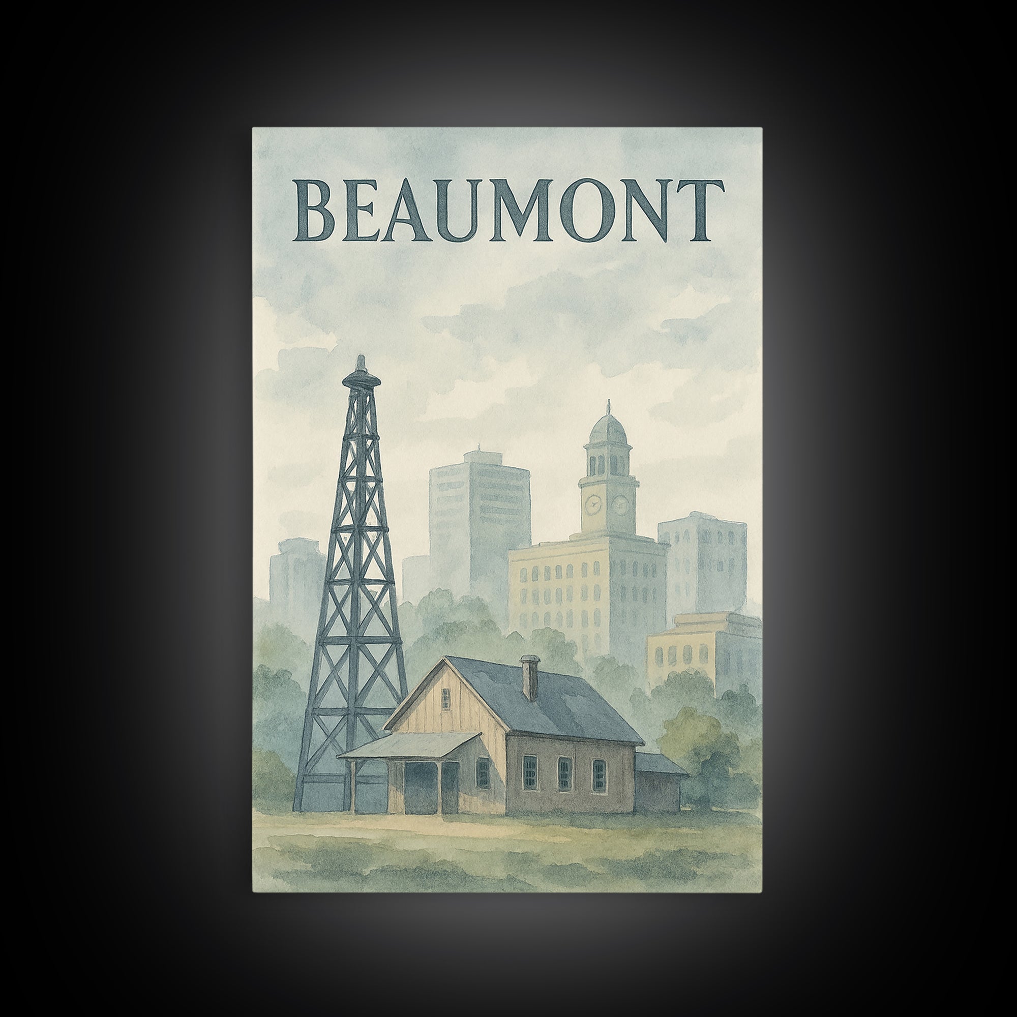 Beaumont Texas Travel Poster, Canvas Print, Painted Travel Poster Art, Beaumont Travel Art, Watercolor Urban Skyline, Living Room Wall Art