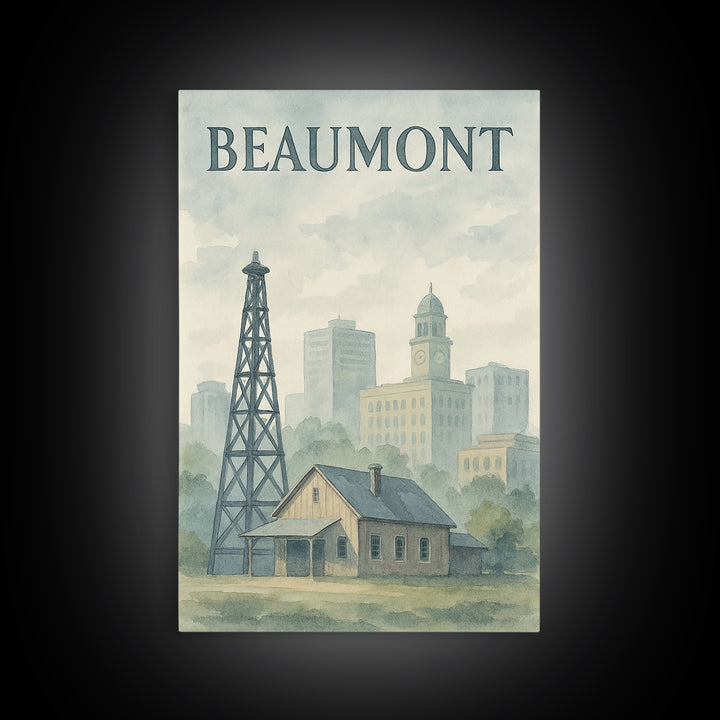 Beaumont Texas Travel Poster, Canvas Print, Painted Travel Poster Art, Beaumont Travel Art, Watercolor Urban Skyline, Living Room Wall Art