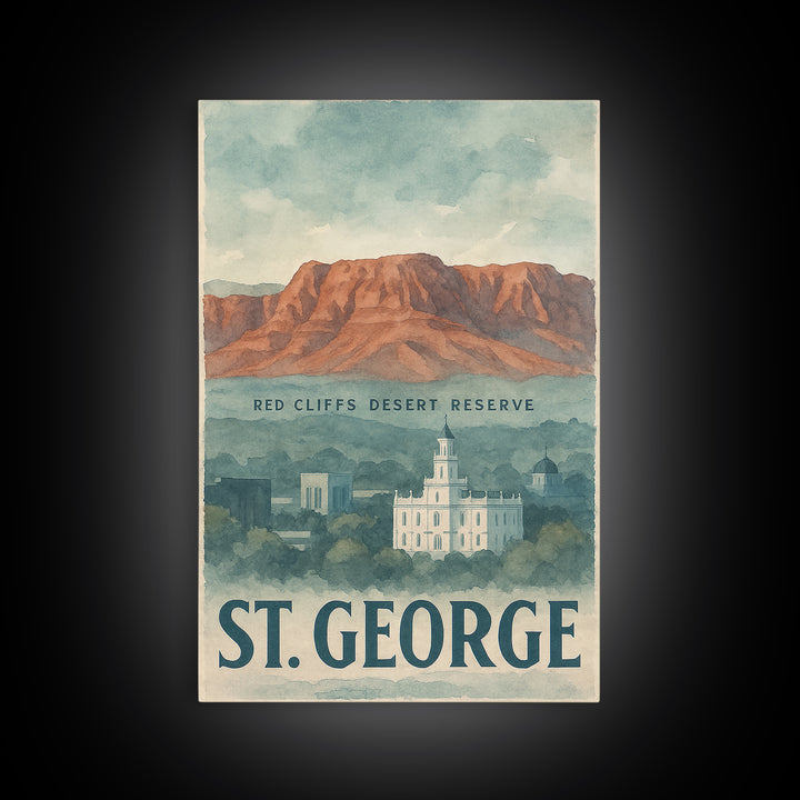 St George Travel Poster, Framed Canvas Print, Watercolor Cityscape Wall Art, St George City Art, Travel Poster Art, Watercolor Cityscape