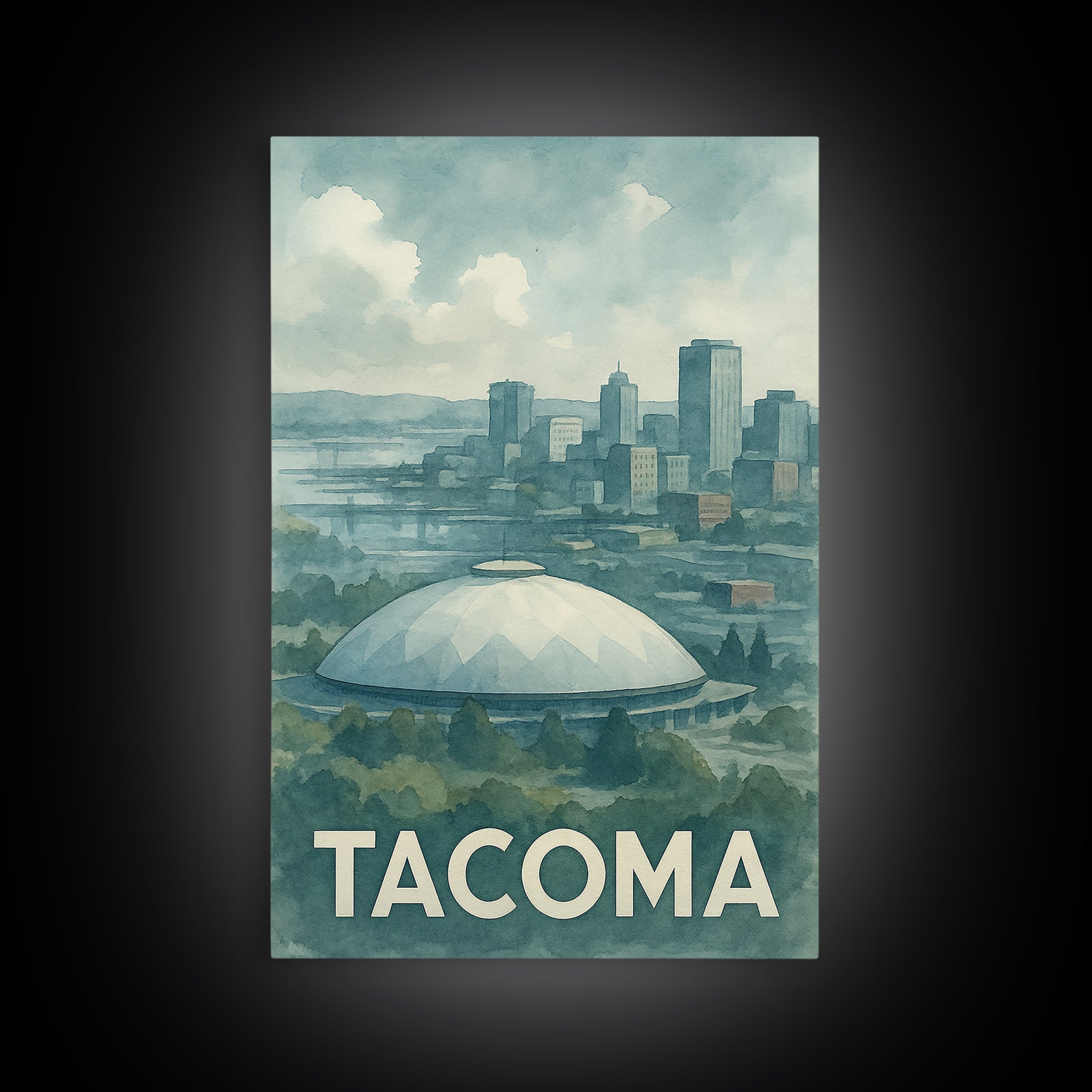 Tacoma Washington Travel Poster, Framed Canvas Print, Soft Watercolor Travel Art, Tacoma Wall Art, Travel Poster Art, Watercolor Skyline Art