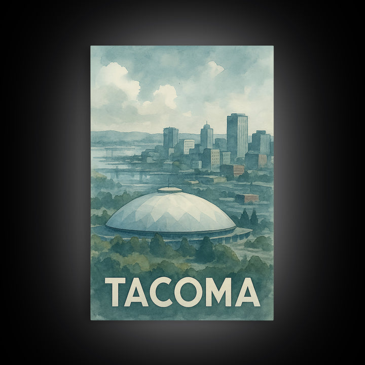 Tacoma Washington Travel Poster, Framed Canvas Print, Soft Watercolor Travel Art, Tacoma Wall Art, Travel Poster Art, Watercolor Skyline Art