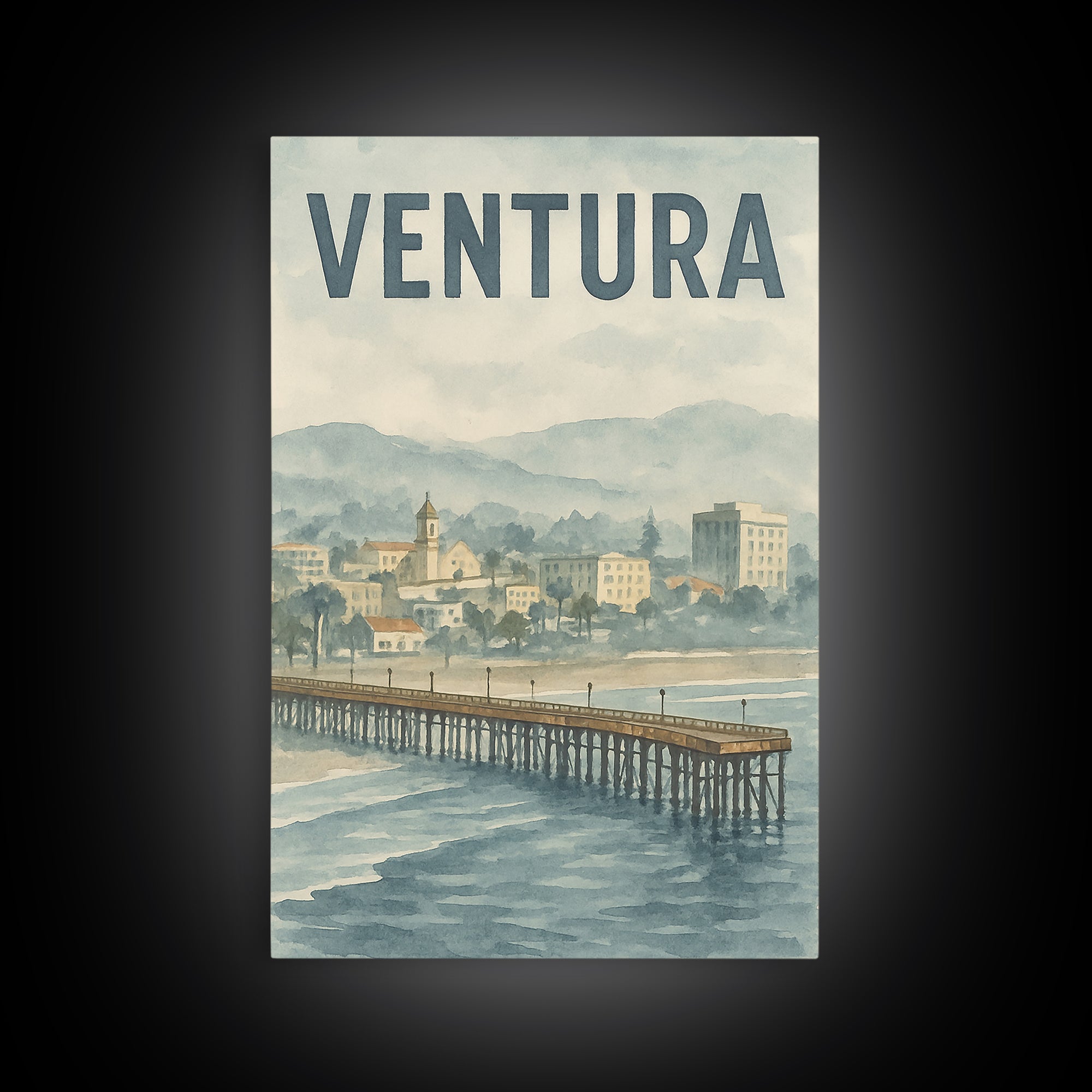 Ventura California Travel Poster, Framed Canvas Print, Soft Watercolor Travel Art, Ventura Wall Art, City Illustration, Travel Poster Set