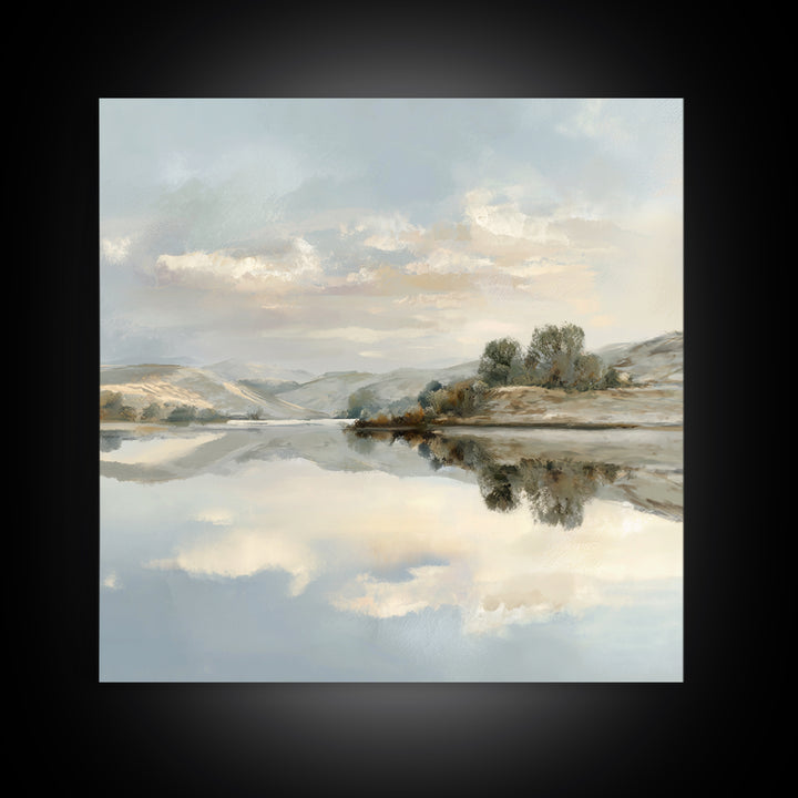 Peaceful Lake Reflection at Dawn Framed Canvas Print, Waiting Room Art, Photography Print, Waiting Room Decor, Watercolor Art, WRA-1x1-100