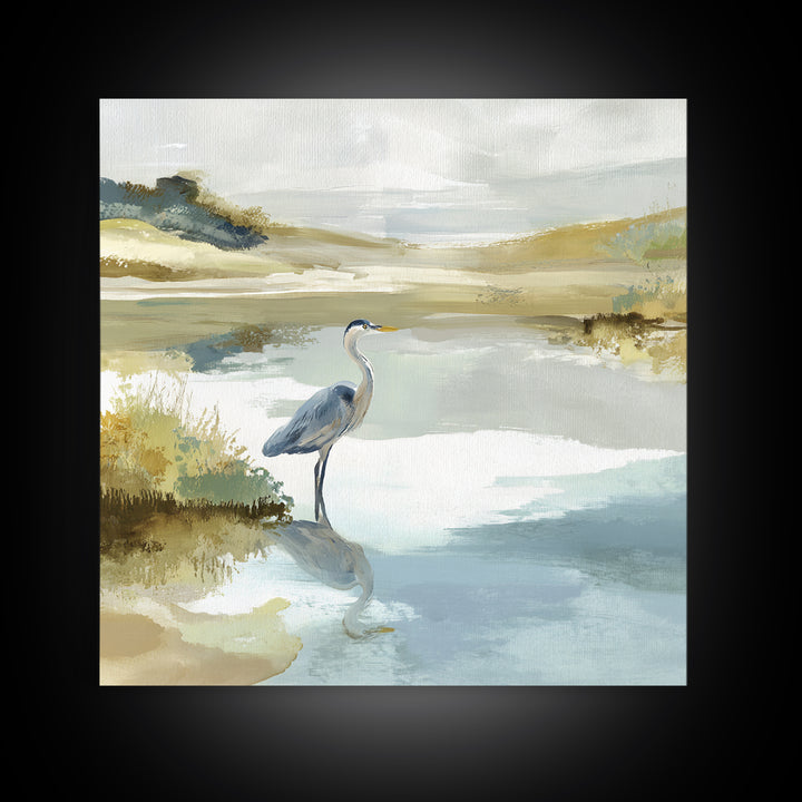 Blue Heron in Quiet Marsh Framed Canvas Print, Waiting Room Art, Wall Decor, Waiting Room Decor, Calm, Minimalist Wall Art, WRA-1x1-12