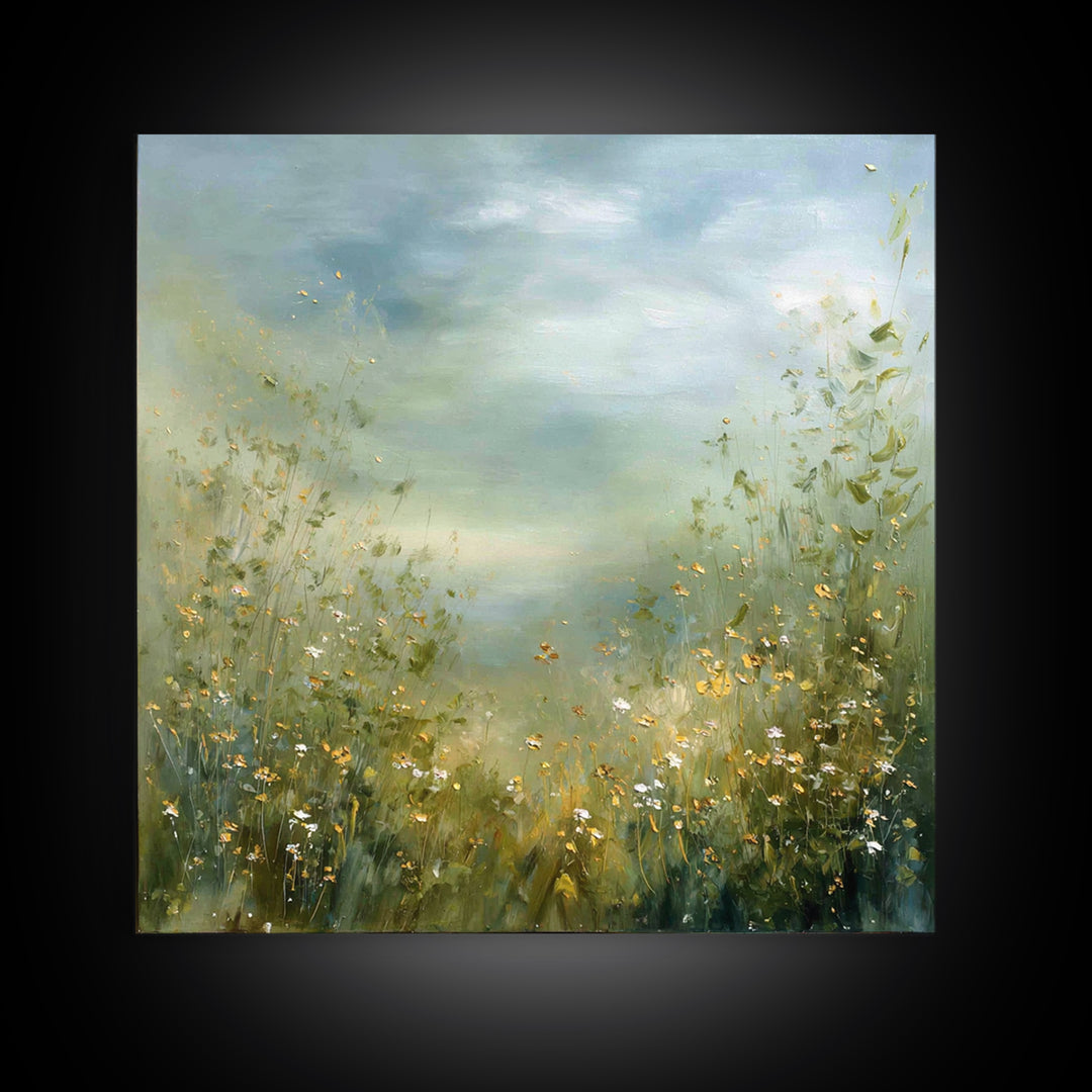 Sunlit Meadow with Wildflowers Framed Canvas Print, Waiting Room Art, Gallery Decor, Waiting Room Decor, Fine Art, Calm, WRA-1x1-32