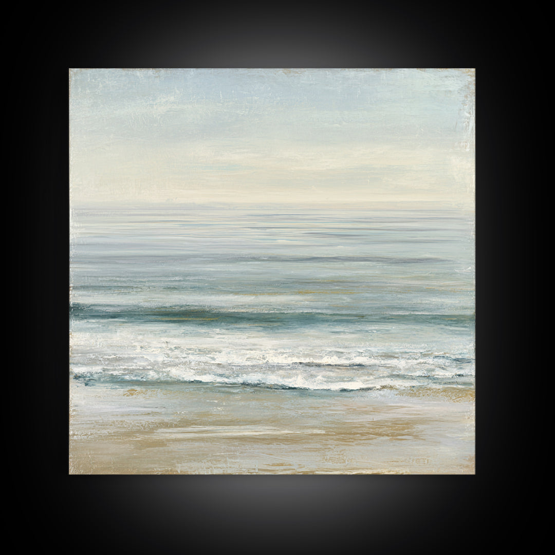 Coastal Horizon with Pale Sand and Water Framed Canvas Print, Waiting Room Art, Statement Artwork, Waiting Room Decor, Calm, WRA-1x1-57
