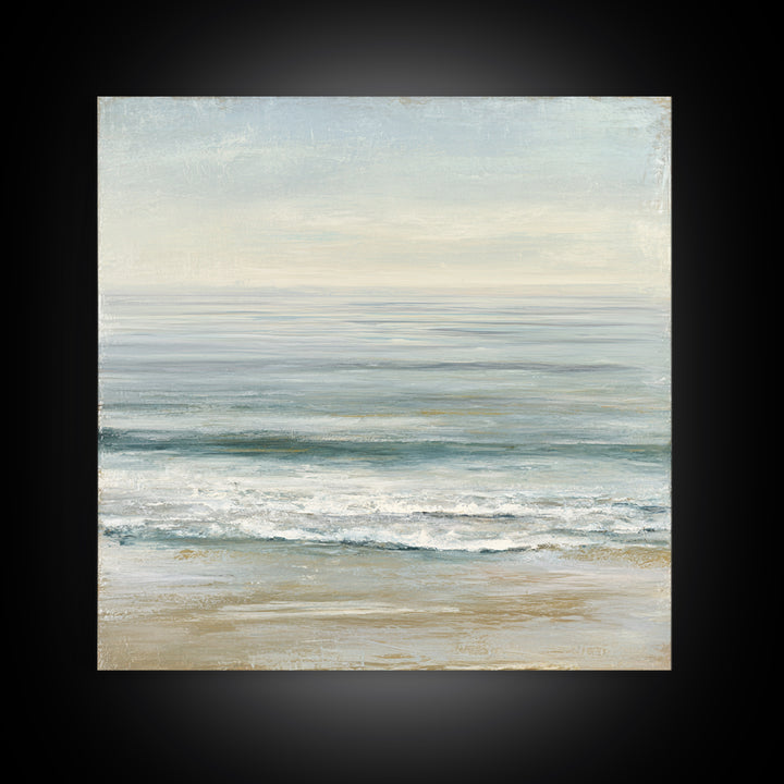 Coastal Horizon with Pale Sand and Water Framed Canvas Print, Waiting Room Art, Statement Artwork, Waiting Room Decor, Calm, WRA-1x1-57