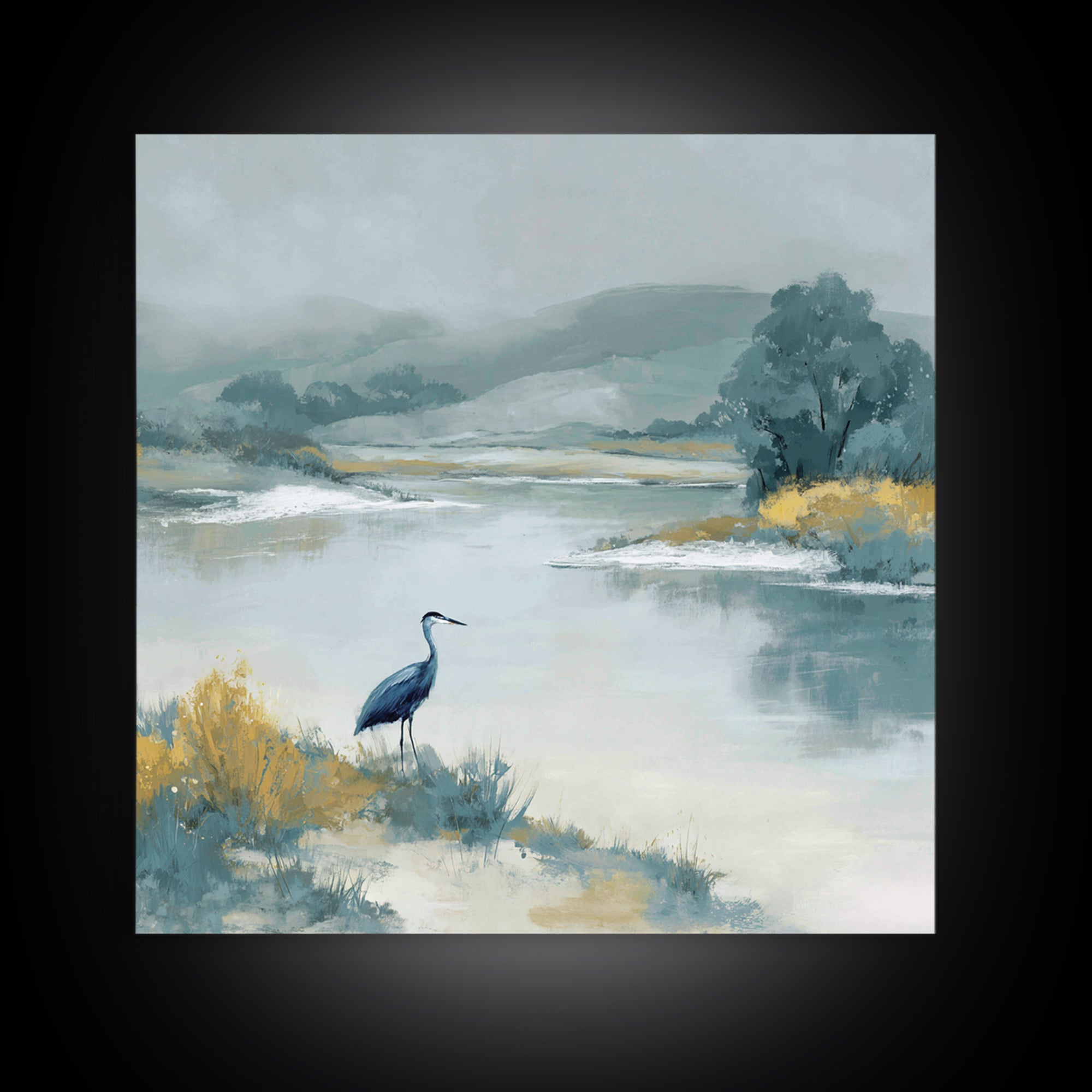 Blue Heron in Quiet Marsh Canvas Print, Waiting Room Art, Abstract, Waiting Room Decor, Fine Art, Calm, Modern Decor, WRA-1x1-60