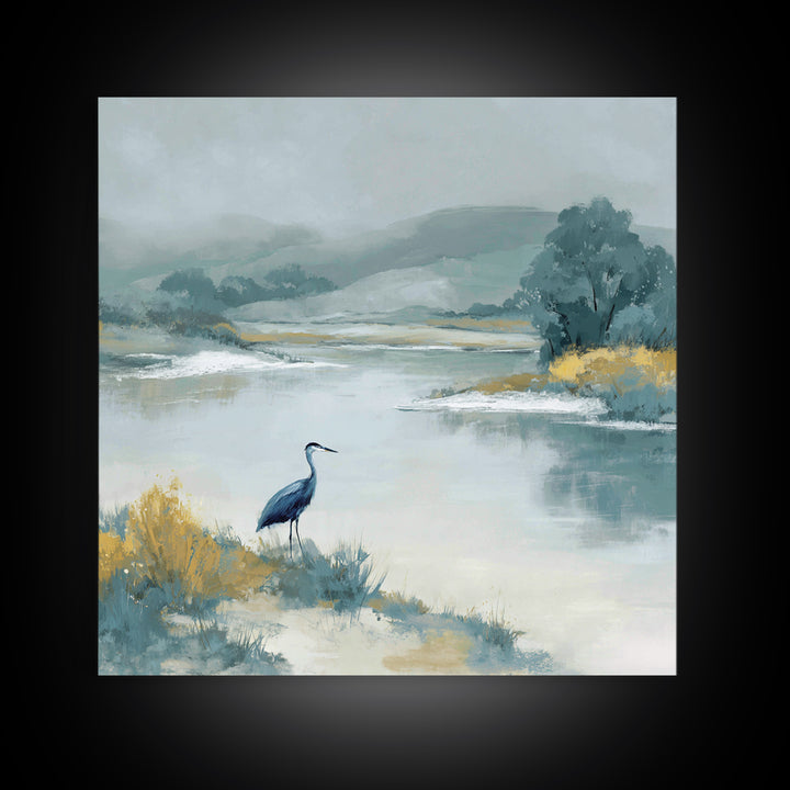 Blue Heron in Quiet Marsh Canvas Print, Waiting Room Art, Abstract, Waiting Room Decor, Fine Art, Calm, Modern Decor, WRA-1x1-60