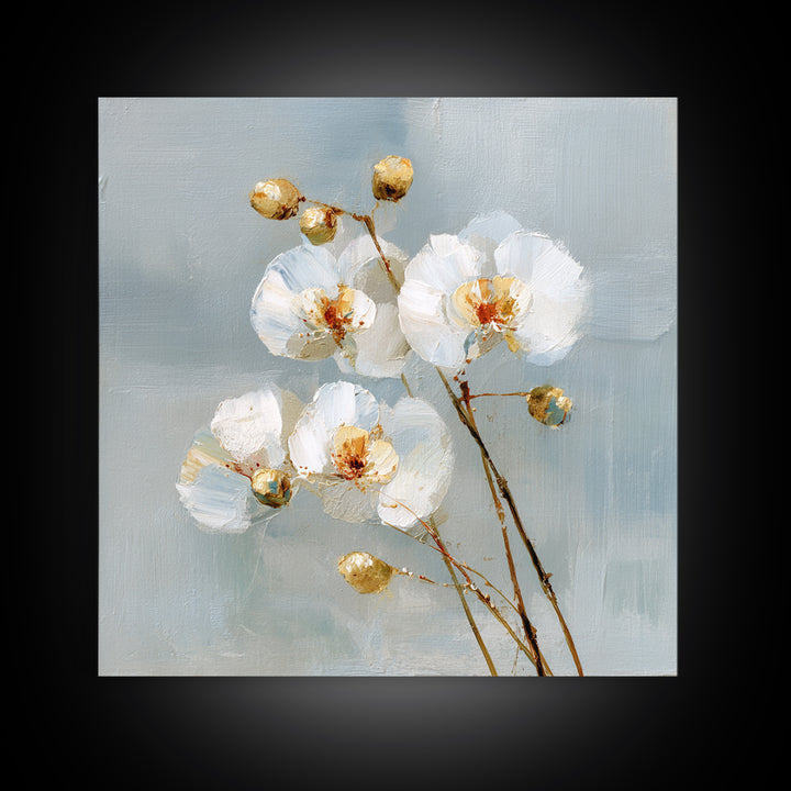 White Orchid on Light Gray Ground Framed Canvas Print, Waiting Room Art, Wall Sculpture, Waiting Room Decor, Fine Art, Calm, WRA-1x1-7
