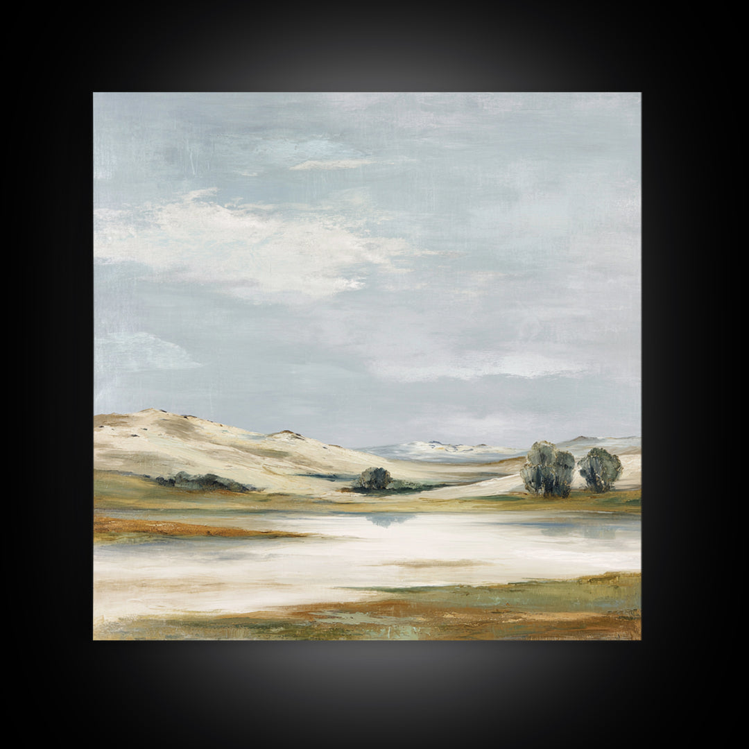 Calming Landscape with Open Sky and Gentle Framed Canvas Print, Waiting Room Art, Waiting Room Decor, Watercolor Art, Calm, WRA-1x1-73