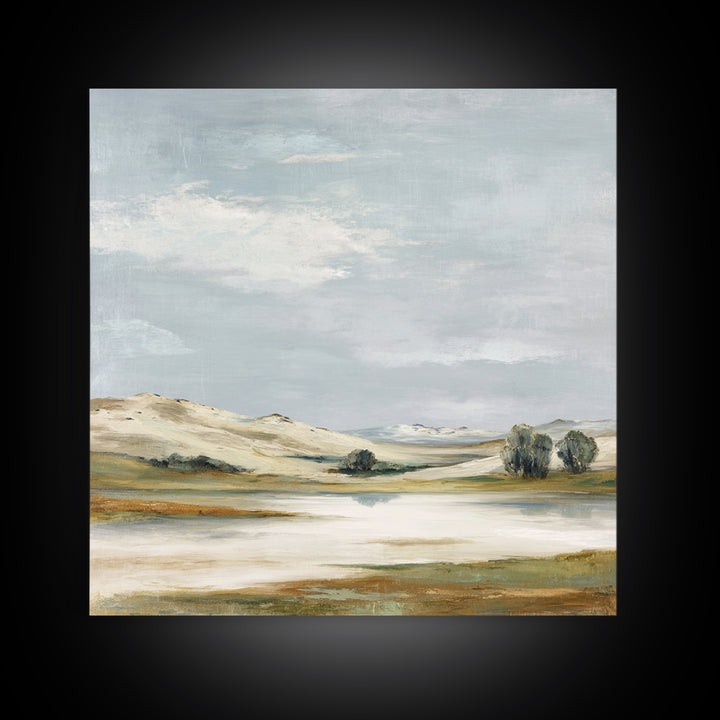 Calming Landscape with Open Sky and Gentle Framed Canvas Print, Waiting Room Art, Waiting Room Decor, Watercolor Art, Calm, WRA-1x1-73