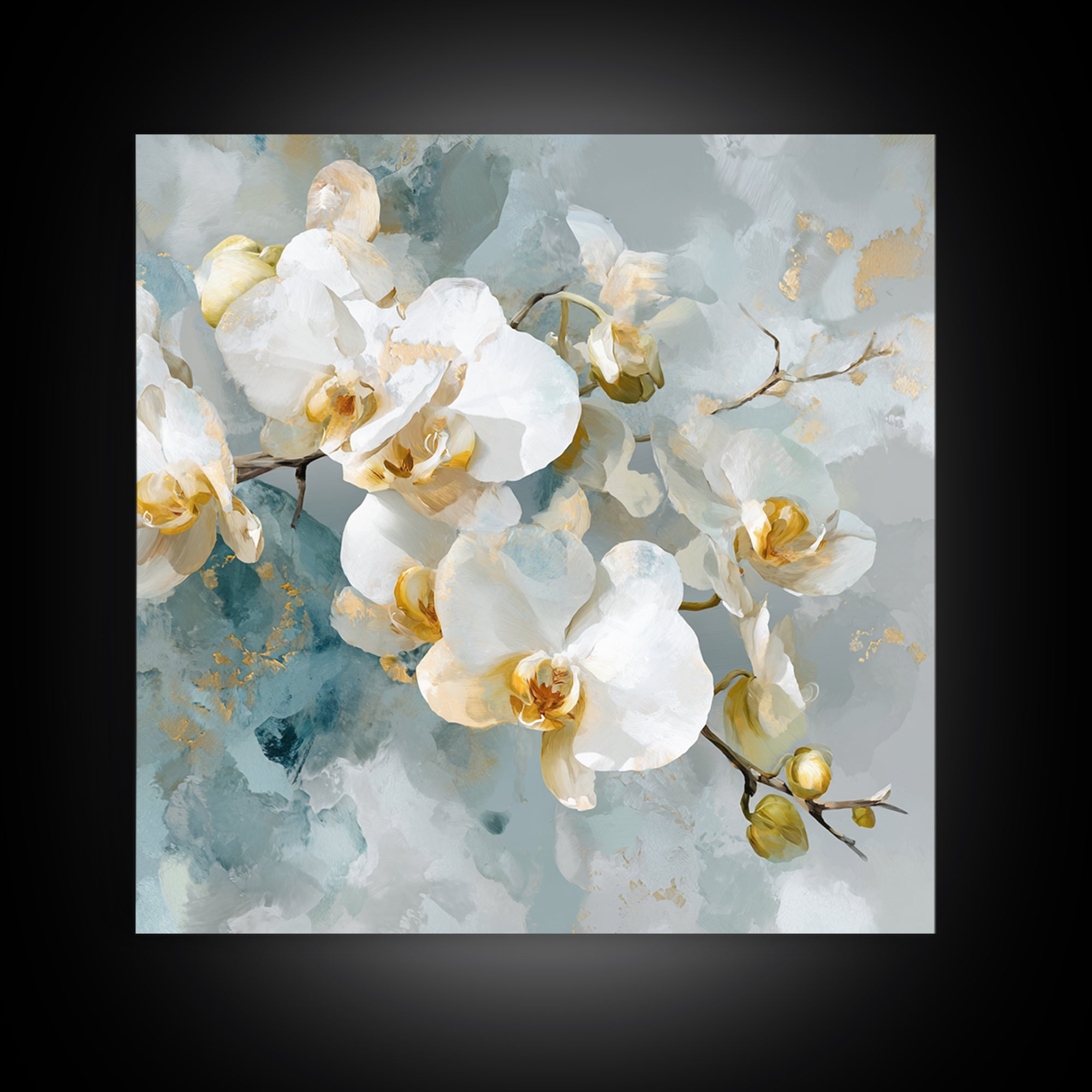 White Orchid on Light Gray Ground Framed Canvas Print, Waiting Room Art, Fine Art Print, Waiting Room Decor, Oil Painting, Calm, WRA-1x1-79
