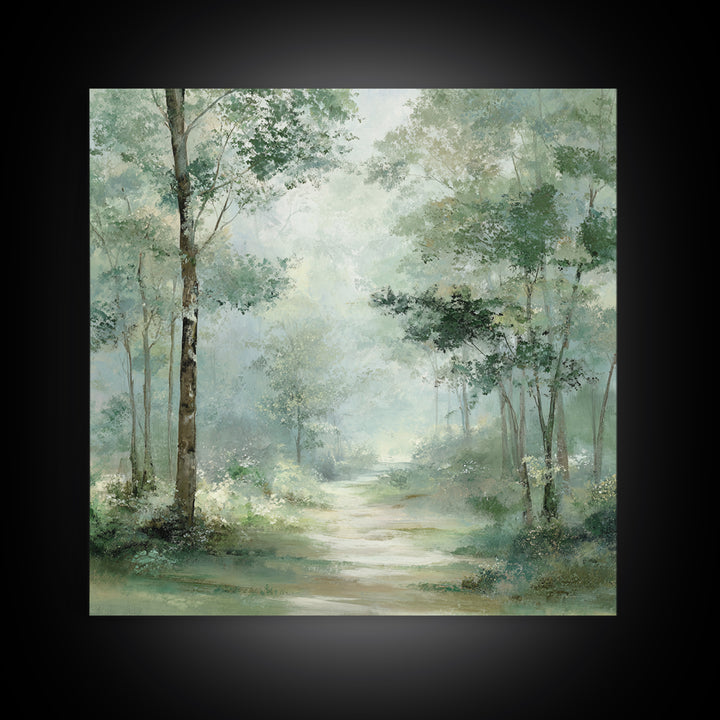 Misty Forest Path Framed Canvas Print, Waiting Room Art, Statement Artwork, Waiting Room Decor, Oil Painting, Calm, Wall Decor, WRA-1x1-83