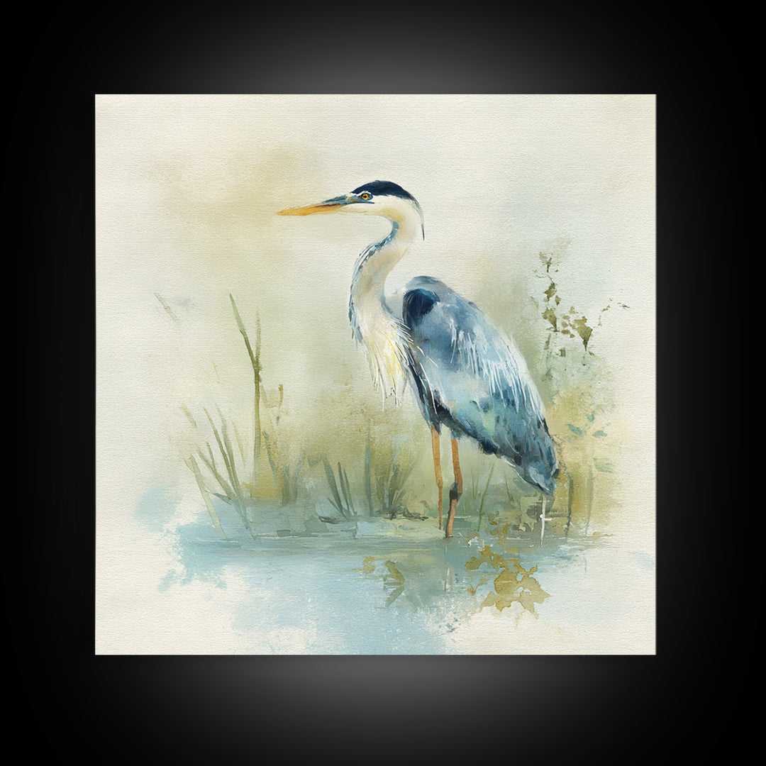 Blue Heron in Quiet Marsh Framed Canvas Print, Waiting Room Art, Therapy Office Decor, Waiting Room Decor, Abstract Art, Calm, WRA-1x1-84