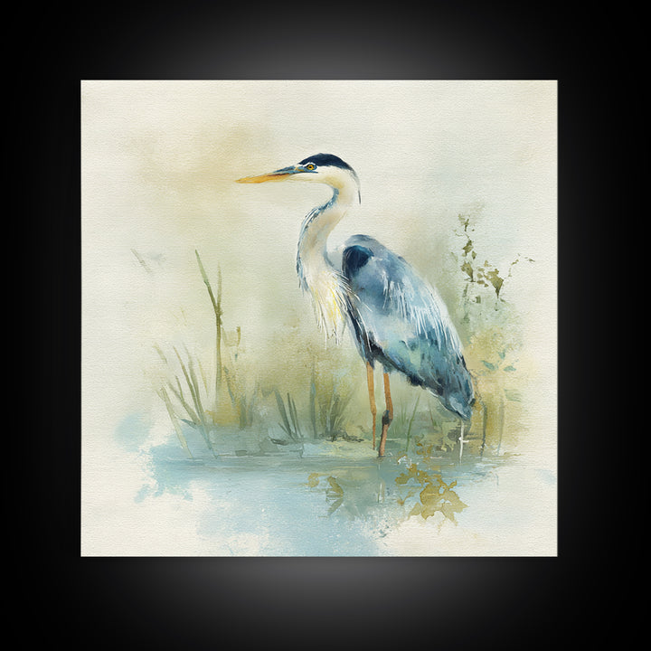 Blue Heron in Quiet Marsh Framed Canvas Print, Waiting Room Art, Therapy Office Decor, Waiting Room Decor, Abstract Art, Calm, WRA-1x1-84