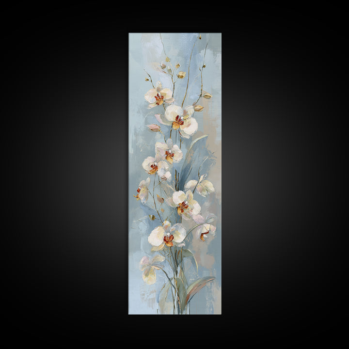 White Orchid on Light Gray Ground Framed Canvas Print, Waiting Room Art, Minimalist Art, Waiting Room Decor, Oil Painting, Calm, WRA-1x3-91