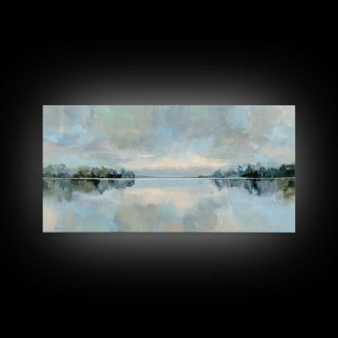 Peaceful Lake Reflection at Dawn Framed Canvas Print, Waiting Room Art, Waiting Room Decor, Oil Painting, Calm, WRA-2x1-24