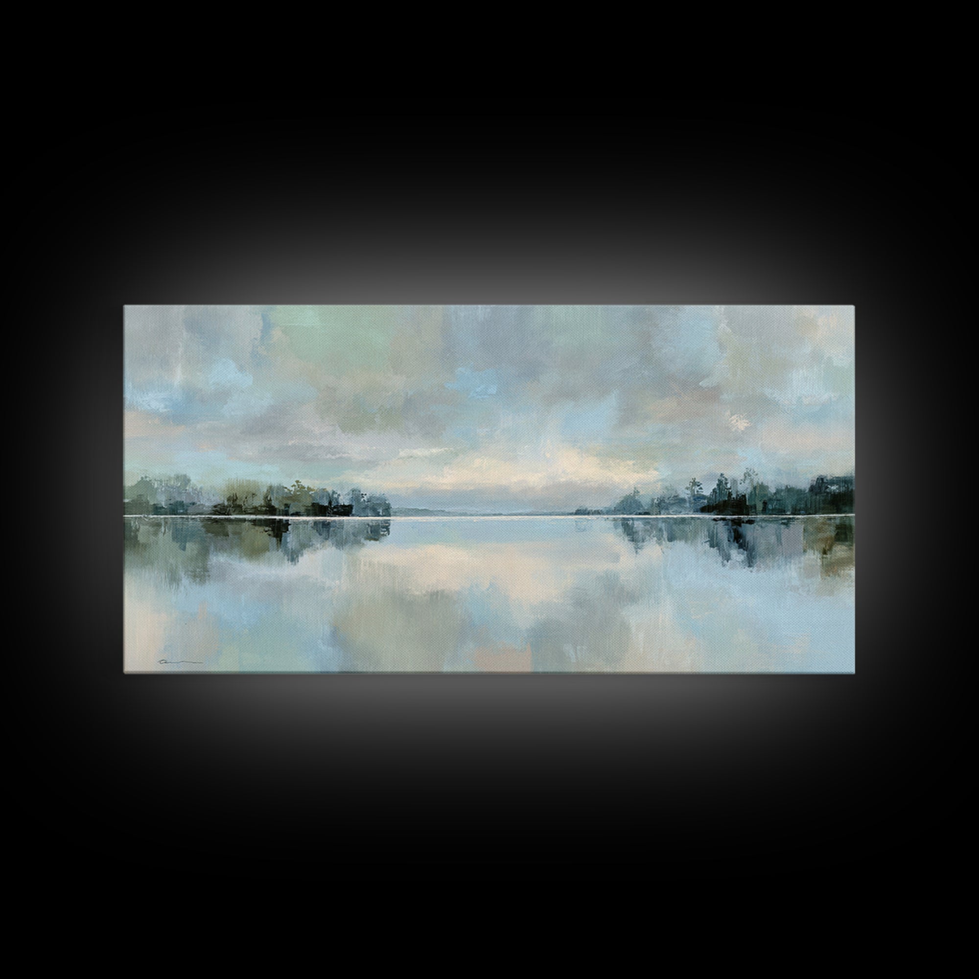 Peaceful Lake Reflection at Dawn Framed Canvas Print, Waiting Room Art, Waiting Room Decor, Oil Painting, Calm, WRA-2x1-24