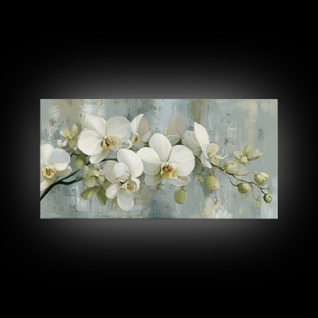 White Orchid on Light Gray Ground Framed Canvas Print, Waiting Room Art, Fine Art Print, Waiting Room Decor, Oil Painting, Calm, WRA-2x1-27