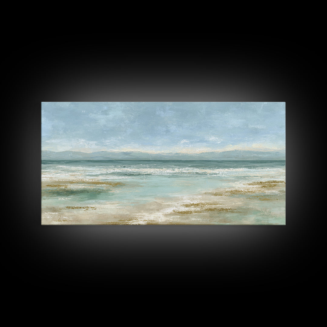 Coastal Horizon with Pale Sand and Water Framed Canvas Print, Waiting Room Art, Art, Waiting Room Decor, Fine Art, Calm, WRA-2x1-29