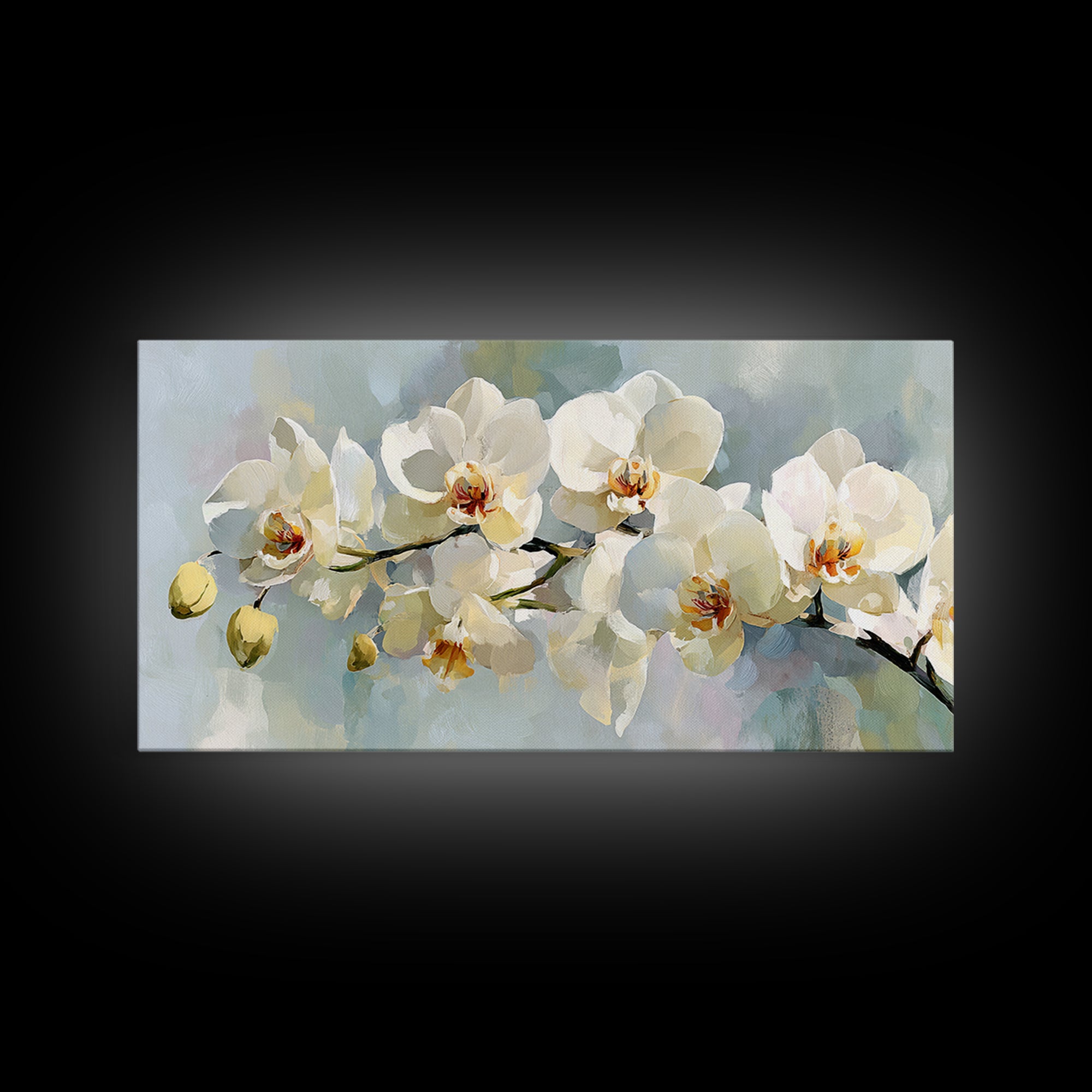White Orchid on Light Gray Ground Framed Canvas Print, Waiting Room Art, Wall Sculpture, Waiting Room Decor, Fine Art, Calm, WRA-2x1-3