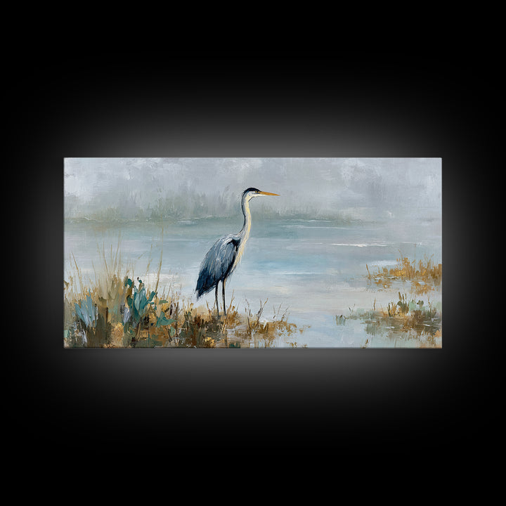 Blue Heron in Quiet Marsh Canvas Print, Waiting Room Art, Waiting Room Decor, Oil Painting, Calm, Living Room Wall Art, WRA-2x1-32