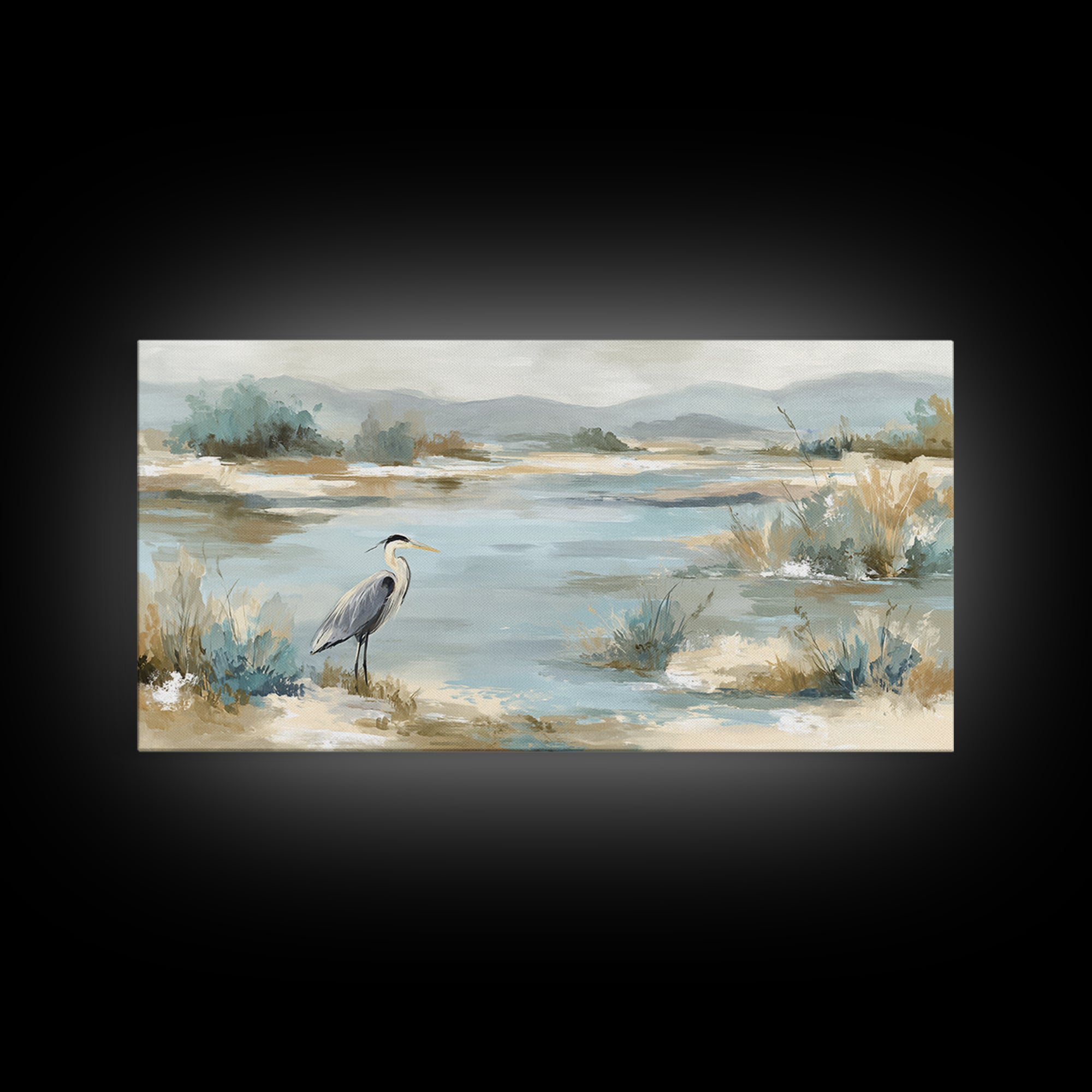 Blue Heron in Quiet Marsh Framed Canvas Print, Waiting Room Art, Office Decor, Waiting Room Decor, Calm, Gallery Wall Art, WRA-2x1-56