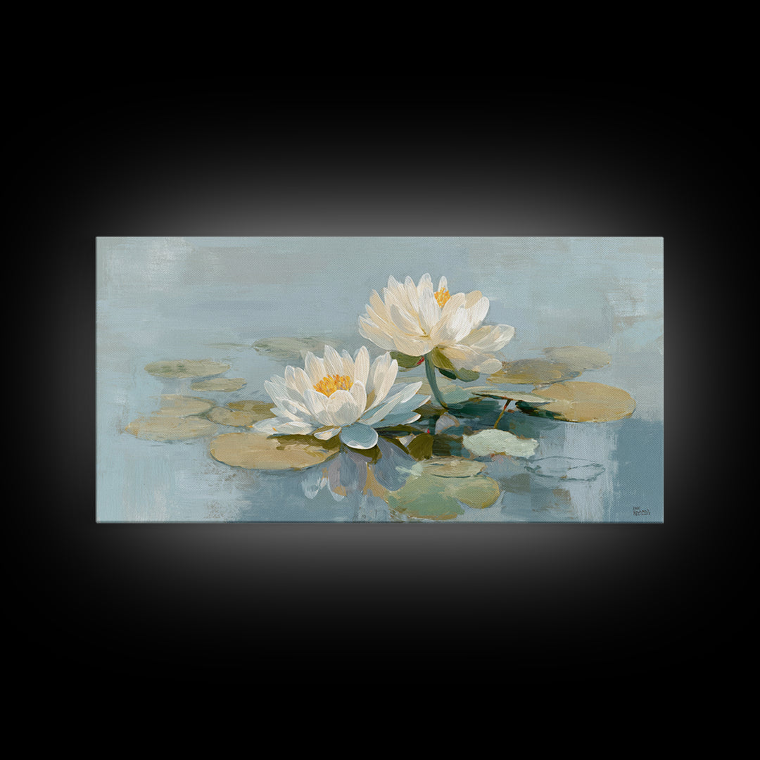 Lotus Flower on Still Water Framed Canvas Print, Waiting Room Art, Abstract, Waiting Room Decor, Watercolor Art, Calm, WRA-2x1-59