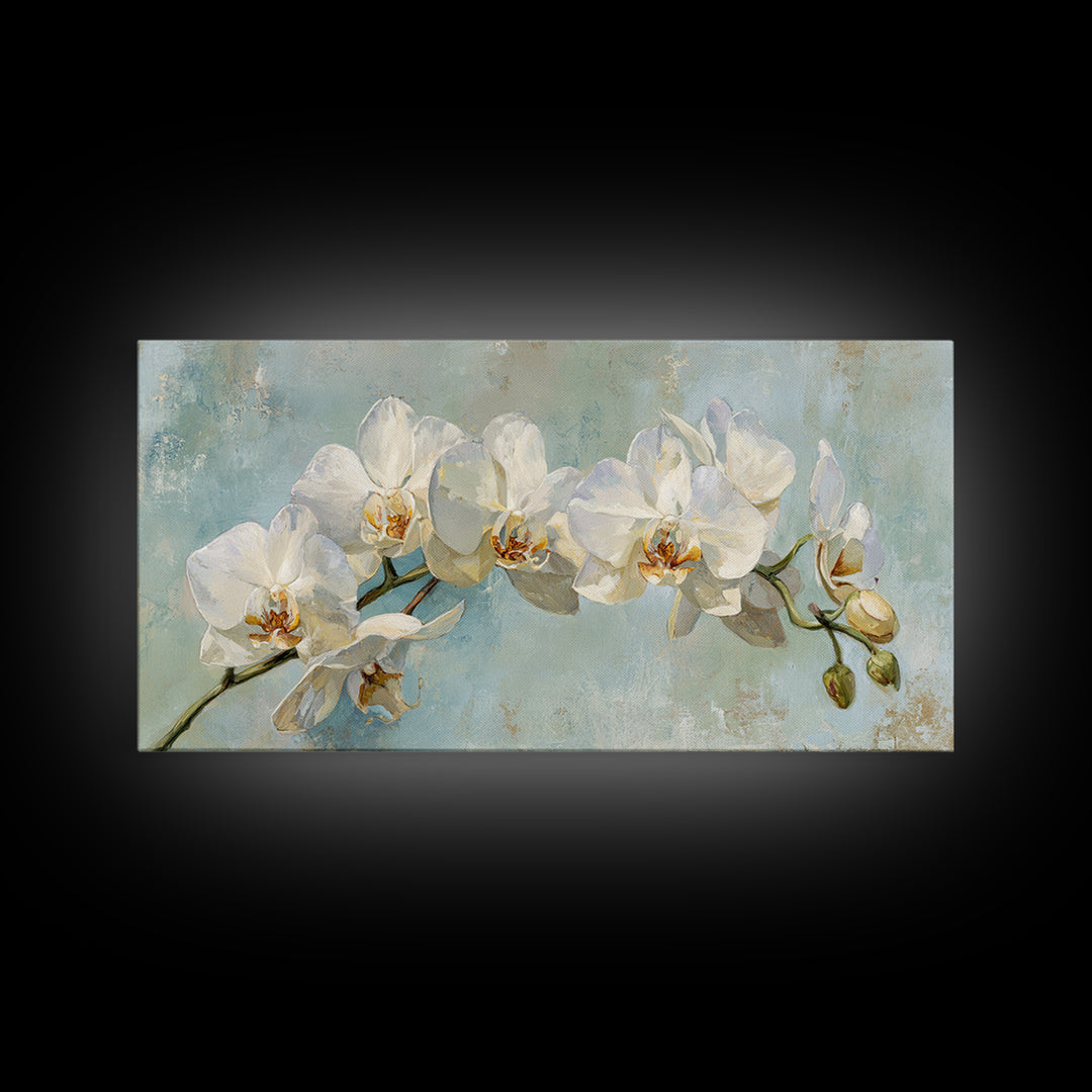 White Orchid on Light Gray Ground Framed Canvas Print, Waiting Room Art, Boho Decor, Waiting Room Decor, Fine Art, Calm, WRA-2x1-75