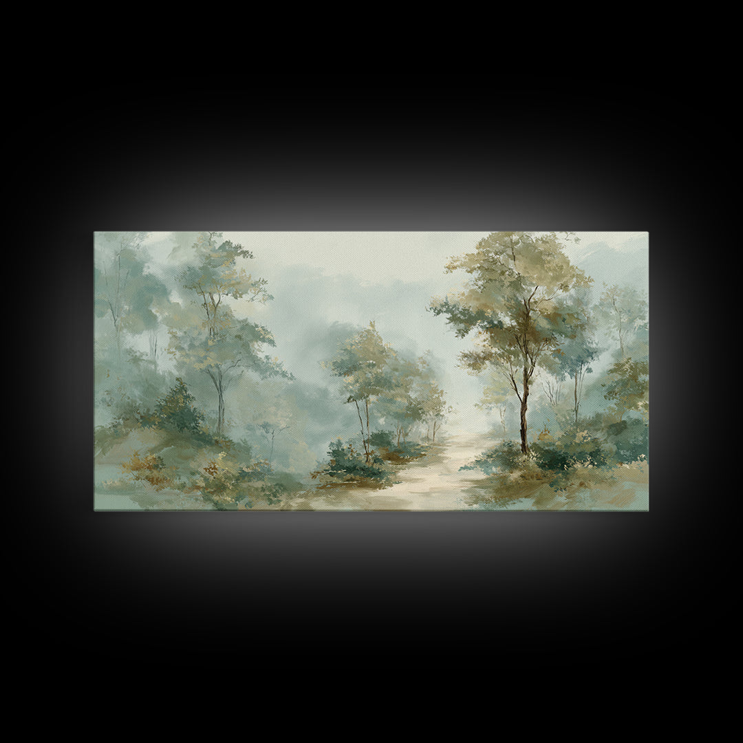 Misty Forest Path Framed Canvas Print, Waiting Room Art, Minimalist Art, Waiting Room Decor, Fine Art, Calm, Luxury Decor, WRA-2x1-79