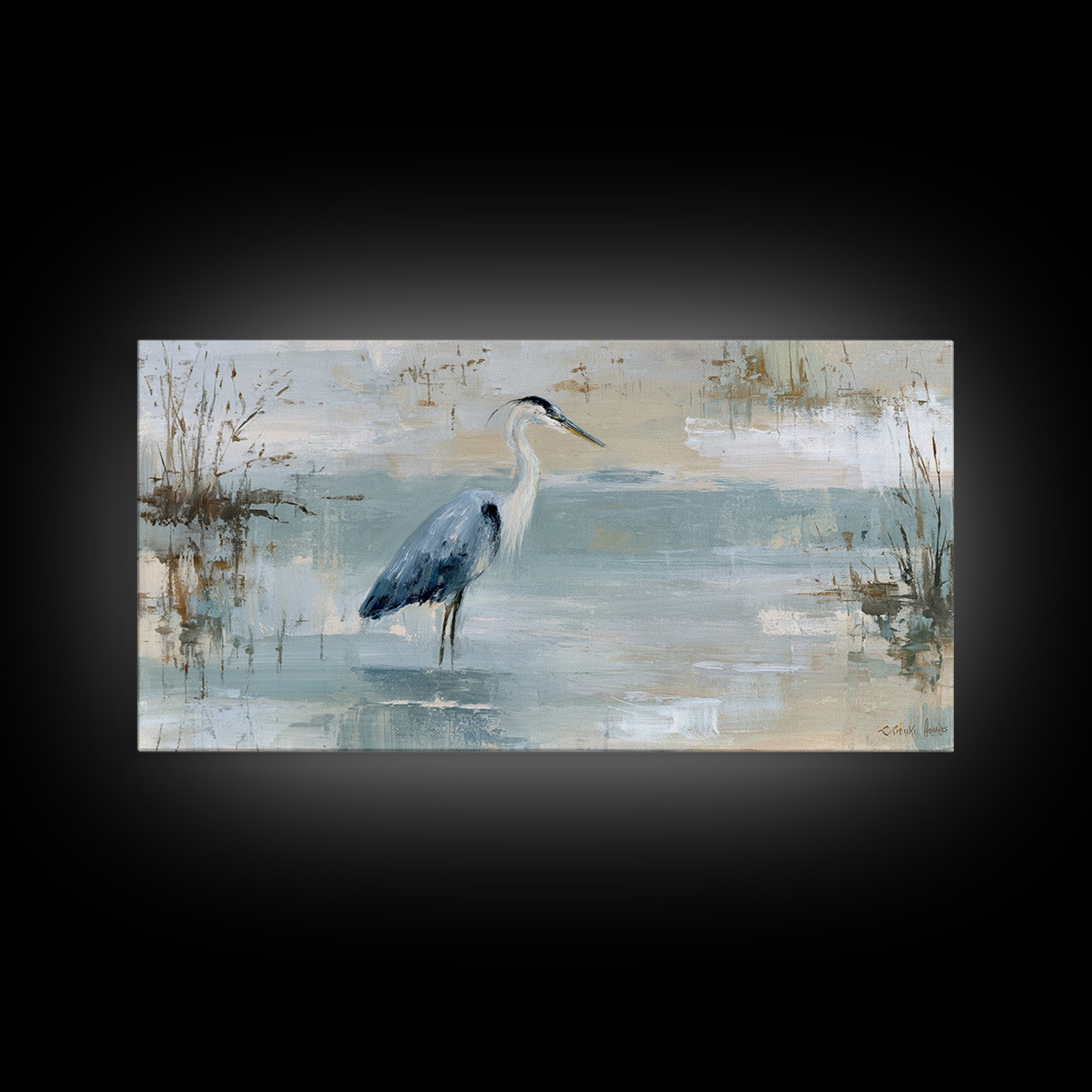 Blue Heron in Quiet Marsh Framed Canvas Print, Waiting Room Art, Office Wall Decor, Waiting Room Decor, Fine Art, Calm, WRA-2x1-80
