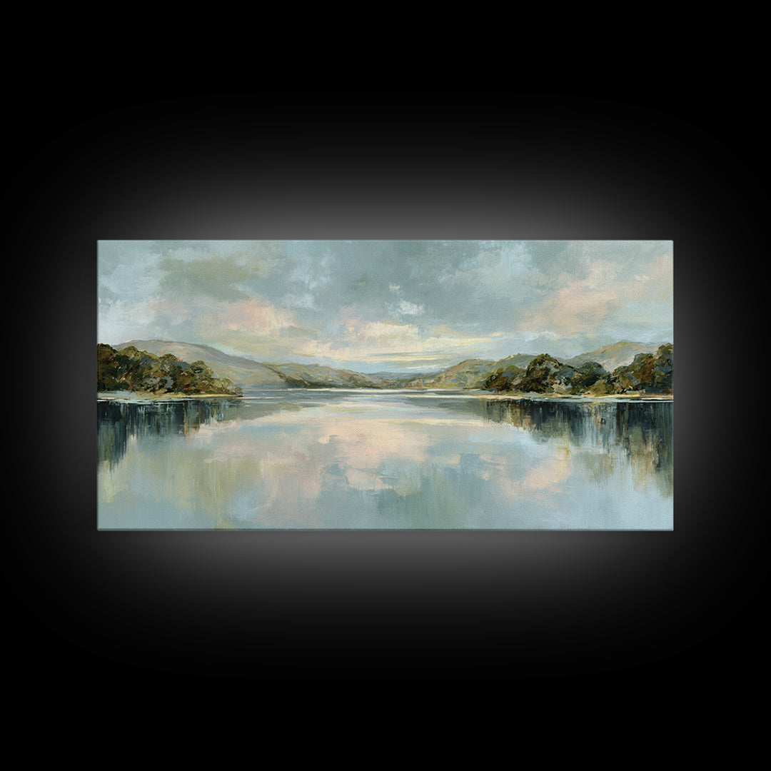 Peaceful Lake Reflection at Dawn Framed Canvas Print, Waiting Room Art, Abstract, Waiting Room Decor, Fine Art, Calm, WRA-2x1-96