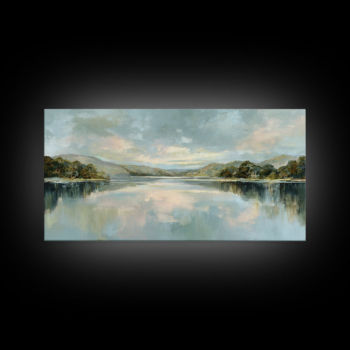Peaceful Lake Reflection at Dawn Framed Canvas Print, Waiting Room Art, Abstract, Waiting Room Decor, Fine Art, Calm, WRA-2x1-96