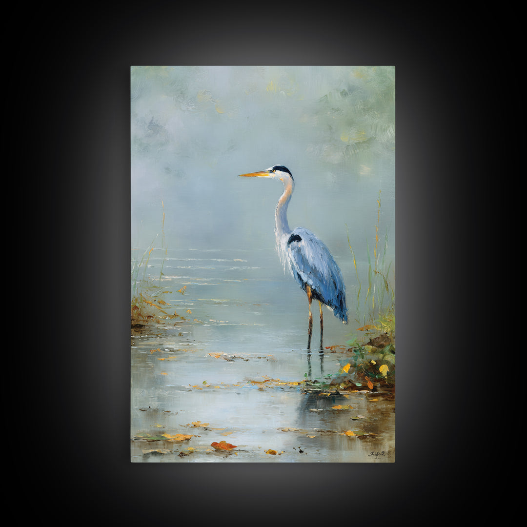 Blue Heron in Quiet Marsh Framed Canvas Print, Waiting Room Art, Original Art, Waiting Room Decor, Oil Painting, Calm, WRA-2x3-20