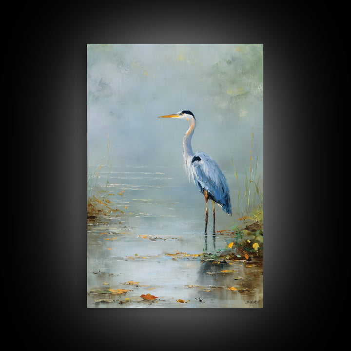 Blue Heron in Quiet Marsh Framed Canvas Print, Waiting Room Art, Original Art, Waiting Room Decor, Oil Painting, Calm, WRA-2x3-20