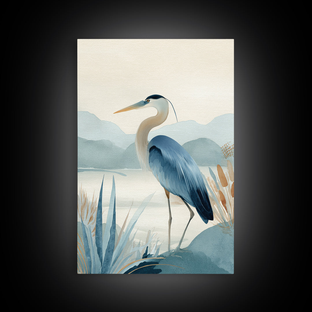 Blue Heron in Quiet Marsh Framed Canvas Print, Waiting Room Art, Fine Art, Waiting Room Decor, Watercolor Art, Calm, WRA-2x3-44