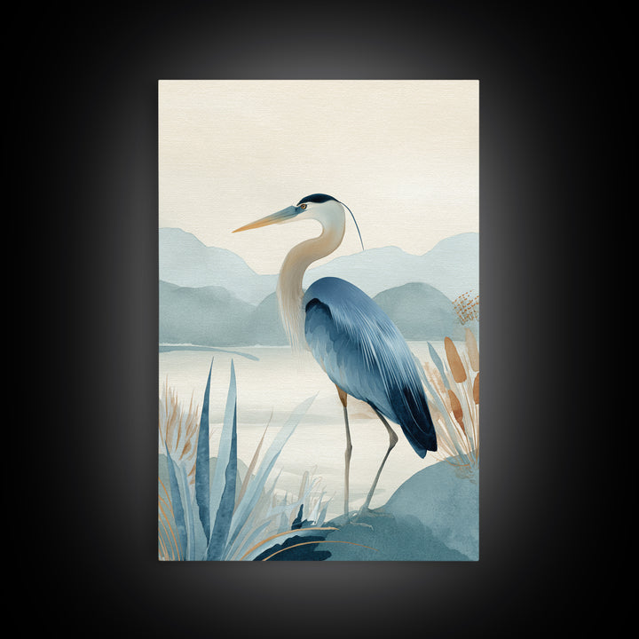 Blue Heron in Quiet Marsh Framed Canvas Print, Waiting Room Art, Fine Art, Waiting Room Decor, Watercolor Art, Calm, WRA-2x3-44