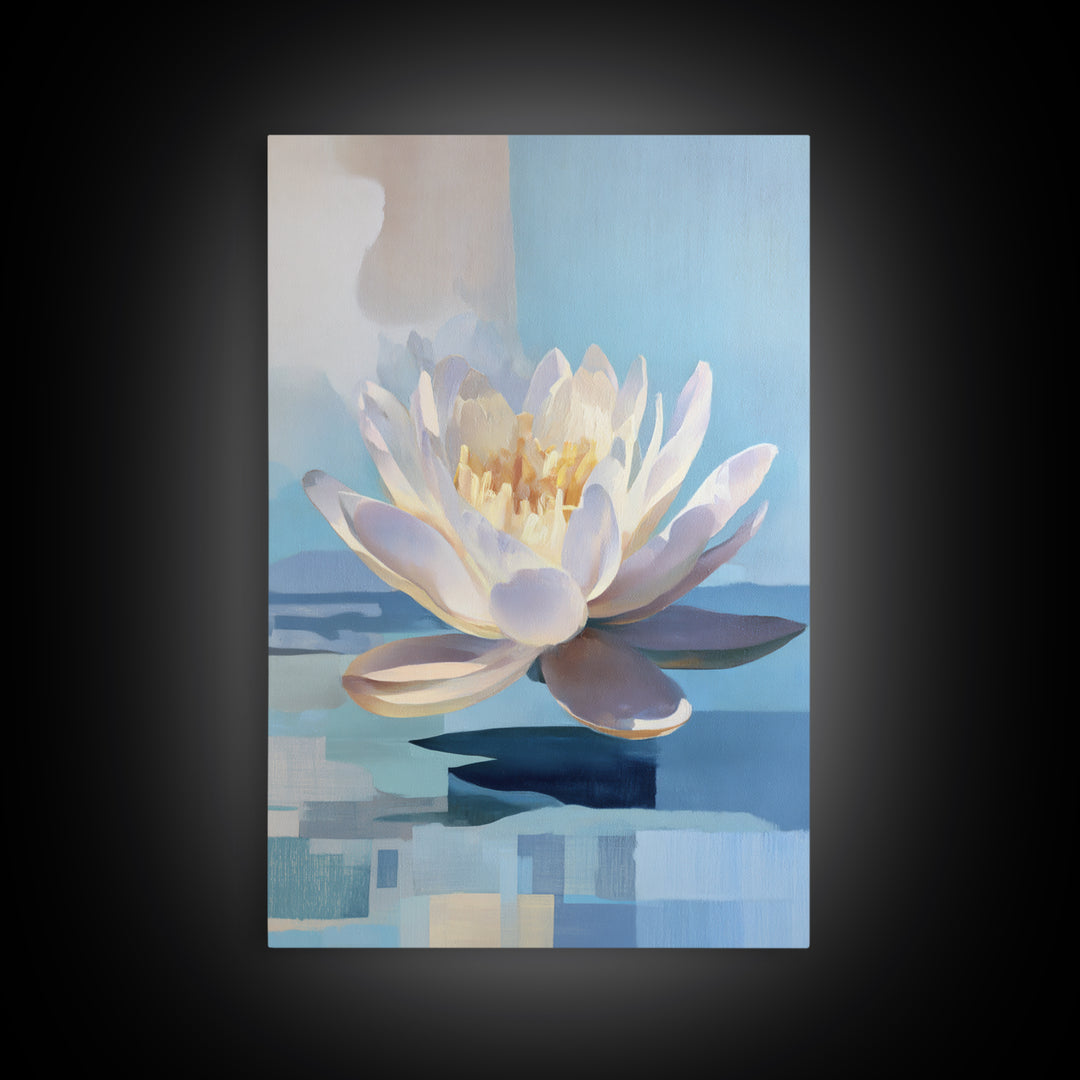 Lotus Flower on Still Water Framed Canvas Print, Waiting Room Art, Wall Art, Waiting Room Decor, Calm, Floral Wall Art, WRA-2x3-47