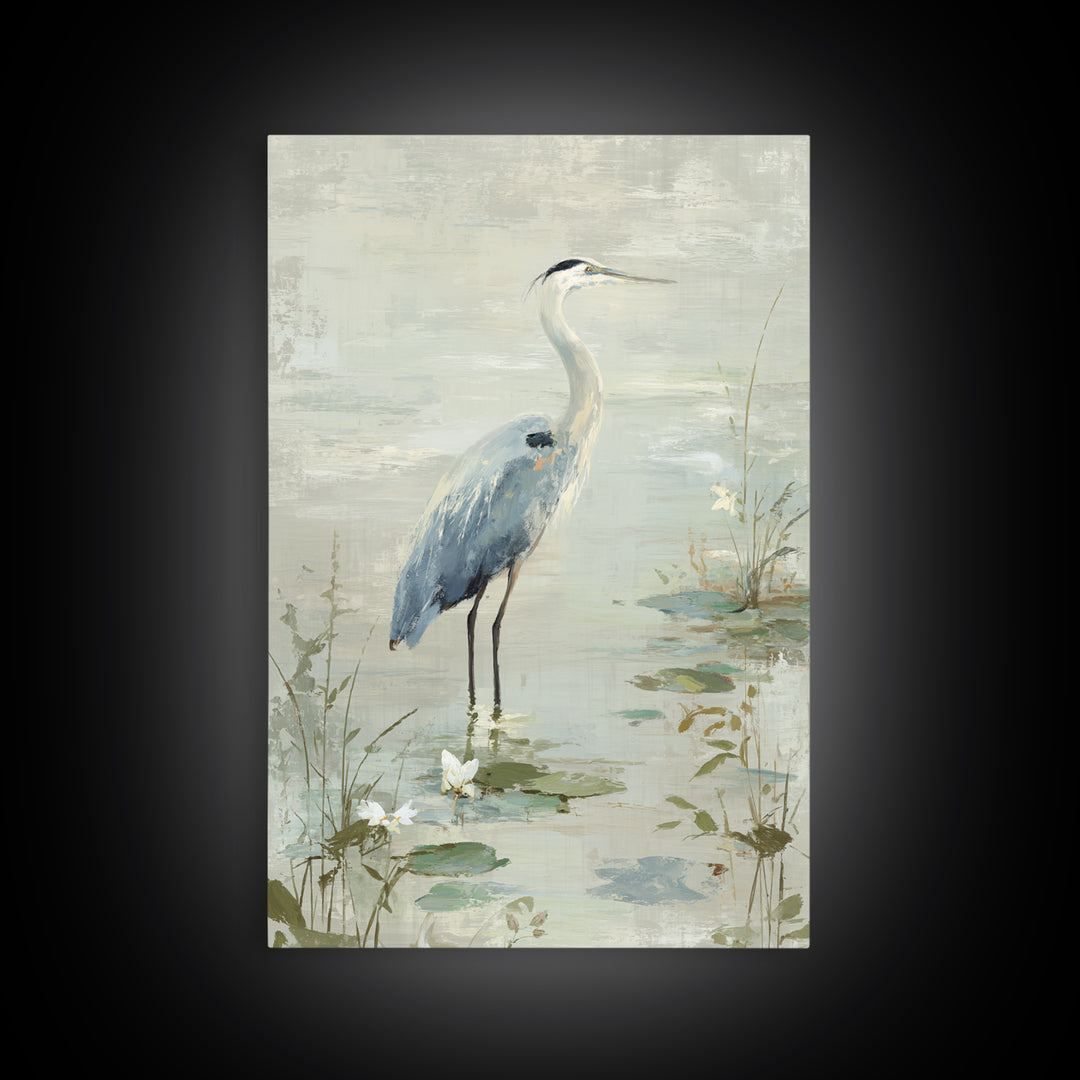 Blue Heron in Quiet Marsh Framed Canvas Print, Waiting Room Art, Bedroom Decor, Waiting Room Decor, Fine Art, Calm, Abstract, WRA-2x3-68