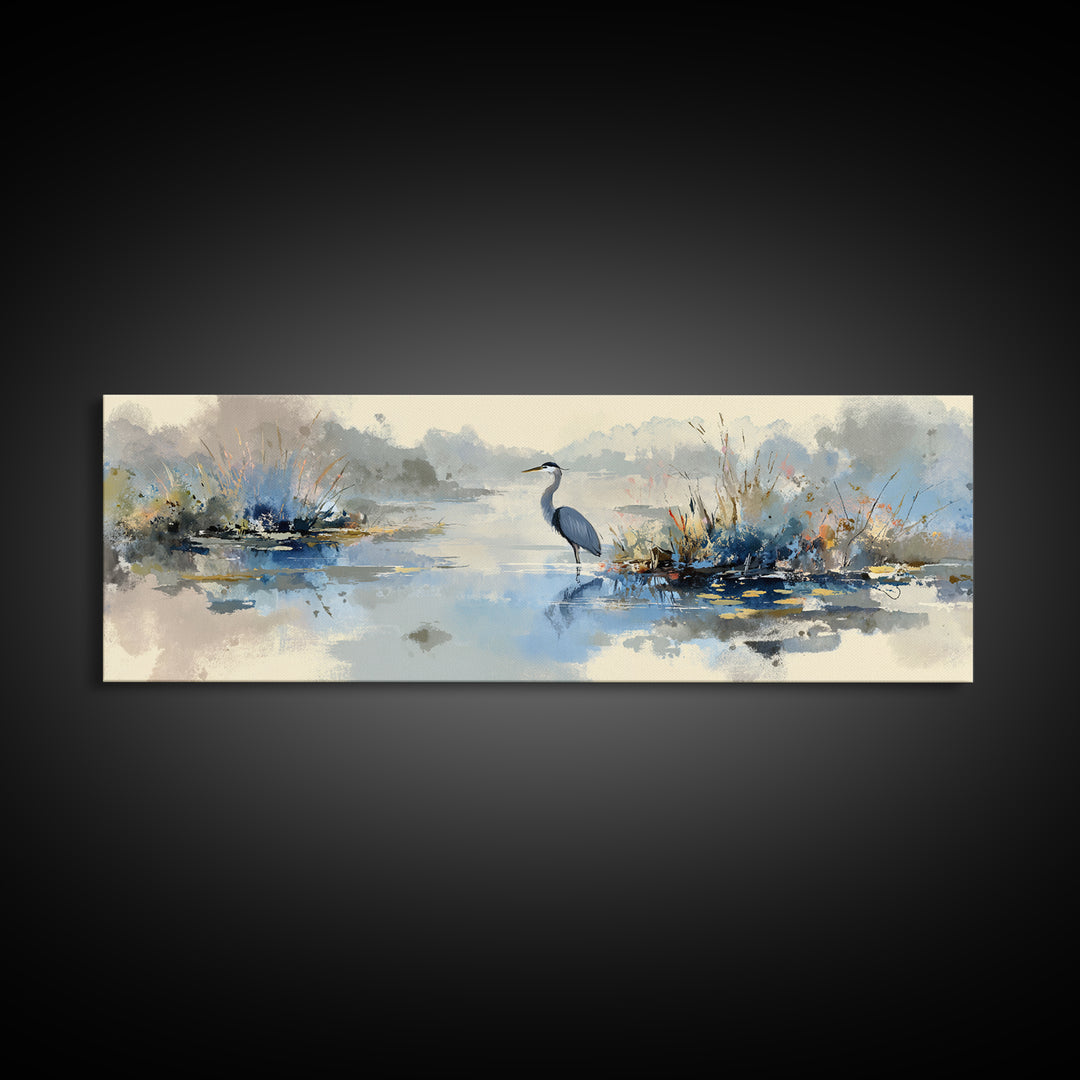 Blue Heron in Quiet Marsh Framed Canvas Print, Waiting Room Art, Dental Art, Waiting Room Decor, Oil Painting, Calm, WRA-3x1-28
