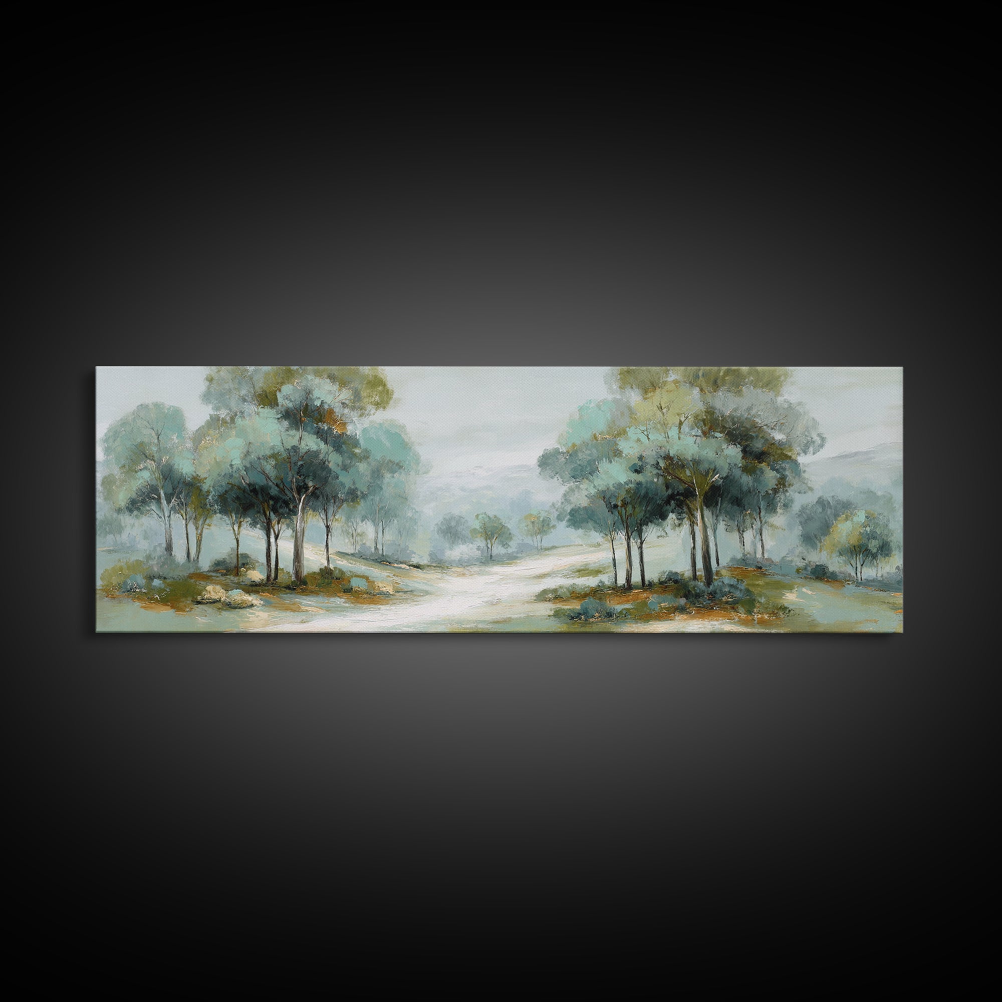Misty Forest Path Framed Canvas Print, Waiting Room Art, Waiting Room Decor, Oil Painting, Calm, Office Wall Decor, WRA-3x1-51