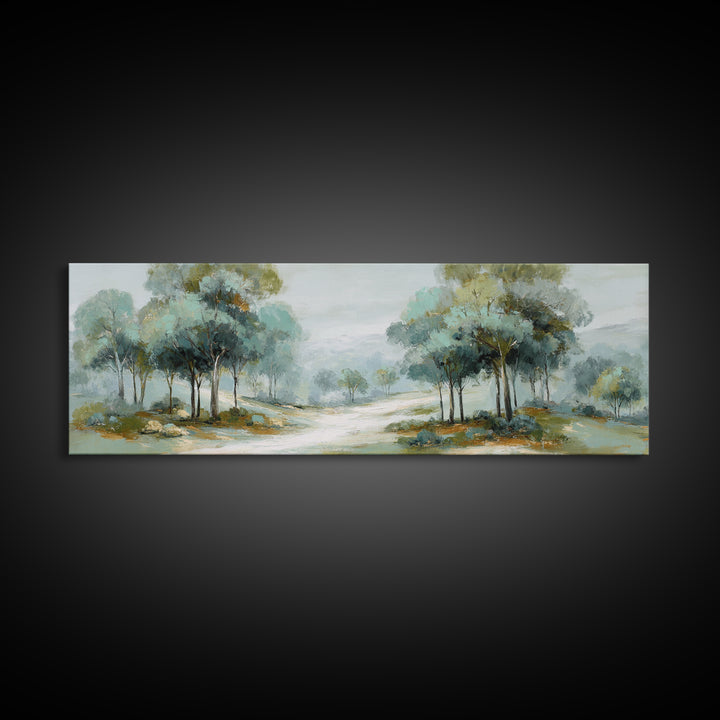 Misty Forest Path Framed Canvas Print, Waiting Room Art, Waiting Room Decor, Oil Painting, Calm, Office Wall Decor, WRA-3x1-51