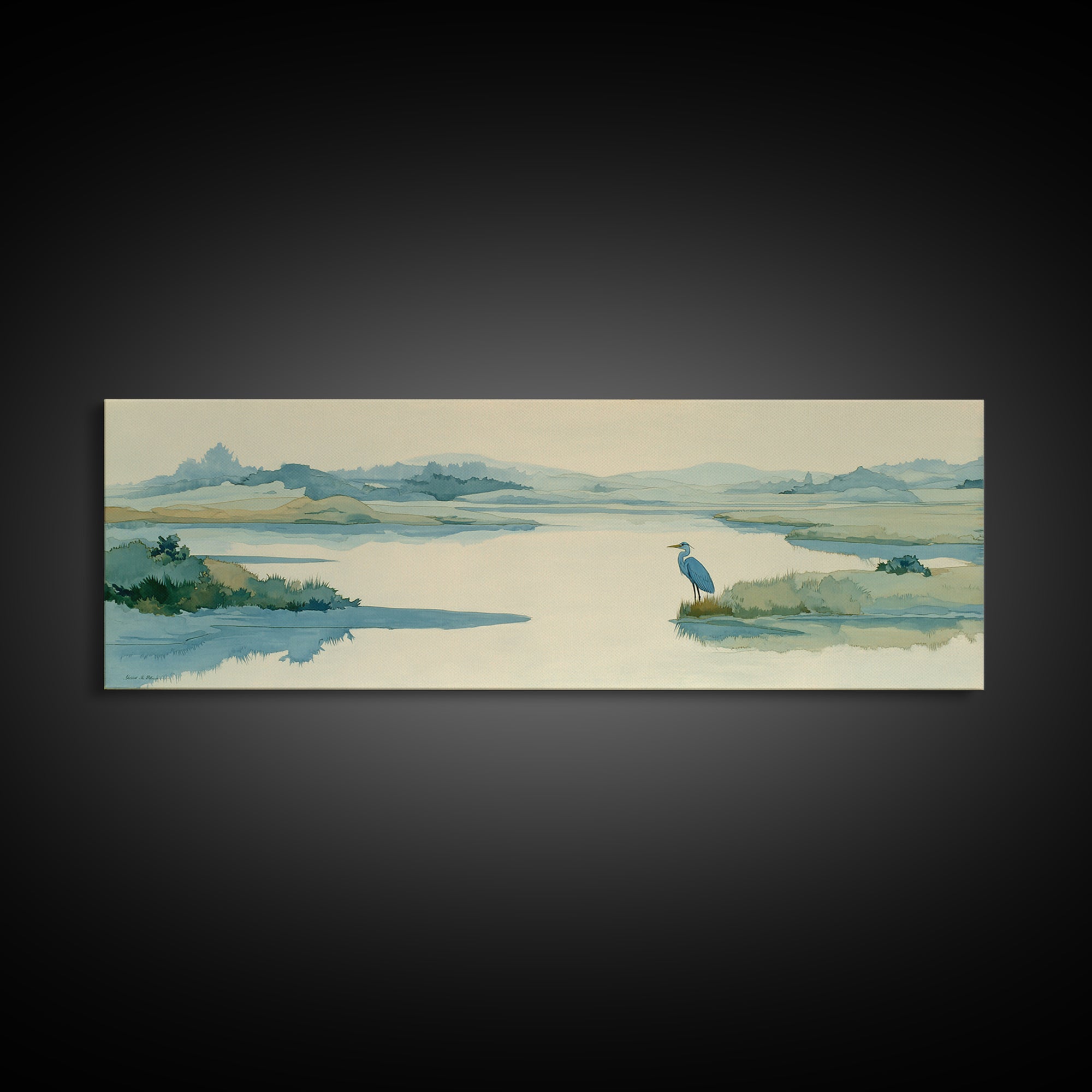 Blue Heron in Quiet Marsh Framed Canvas Print, Waiting Room Art, Room Decor, Waiting Room Decor, Abstract Art, Calm, WRA-3x1-52
