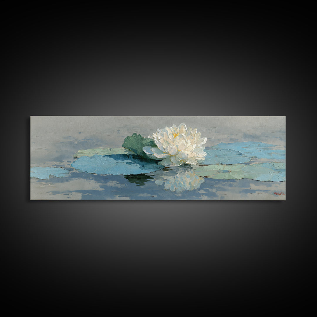 Lotus Flower on Still Water Framed Canvas Print, Waiting Room Art, Contemporary Art, Waiting Room Decor, Oil Painting, Calm, WRA-3x1-55