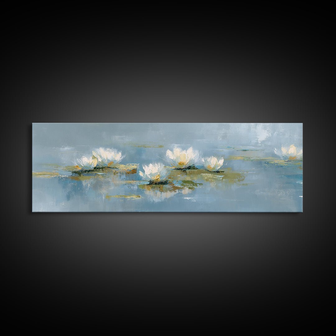 Lotus Flower on Still Water Framed Canvas Print, Waiting Room Art, Neutral Decor, Waiting Room Decor, Fine Art, Calm, WRA-3x1-7