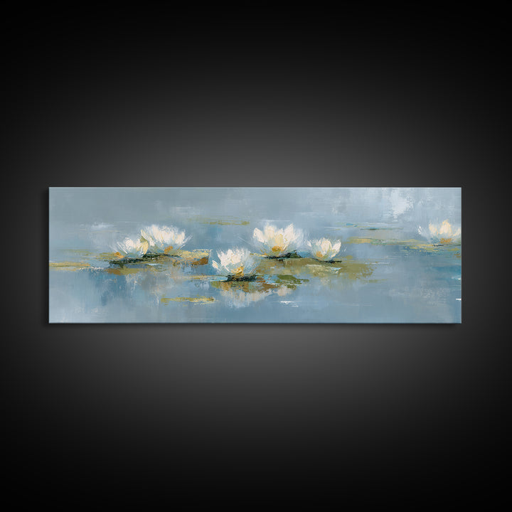 Lotus Flower on Still Water Framed Canvas Print, Waiting Room Art, Neutral Decor, Waiting Room Decor, Fine Art, Calm, WRA-3x1-7
